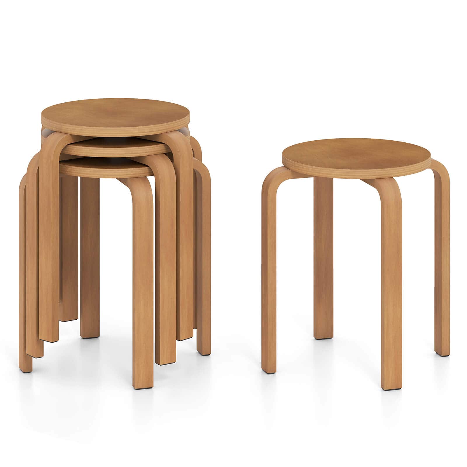 Costway - Set of 4 18" Stacking Stool Round Dining Chair Backless Wood Home Decor - Walnut