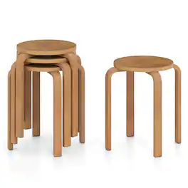 Costway - Set of 4 18" Stacking Stool Round Dining Chair Backless Wood Home Decor - Walnut