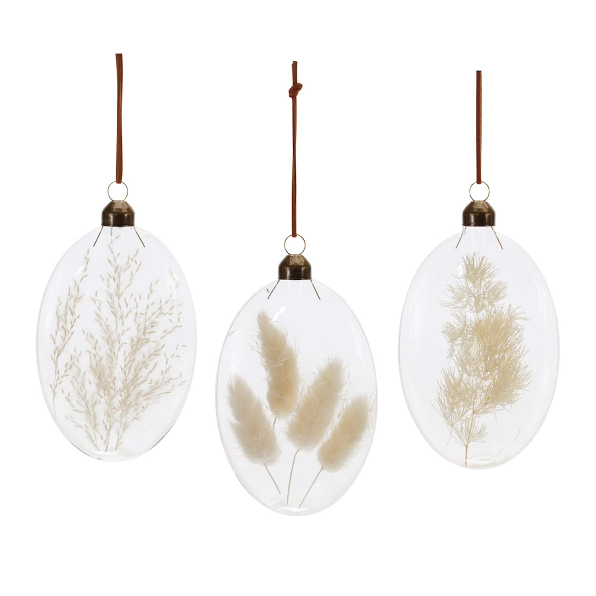 Front. BreeBe - Natural Dried Floral Glass Ornament (Set of 12) - White, Beige.