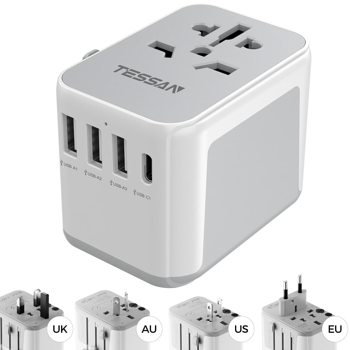 TESSAN - International Travel Plug Adaptor with 4 USB Ports (Fast Charging PD 17W) - Grey white