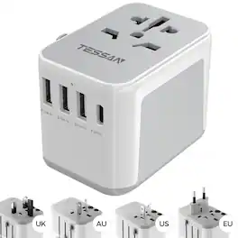 TESSAN - International Travel Plug Adaptor with 4 USB Ports (Fast Charging PD 17W) - Grey white