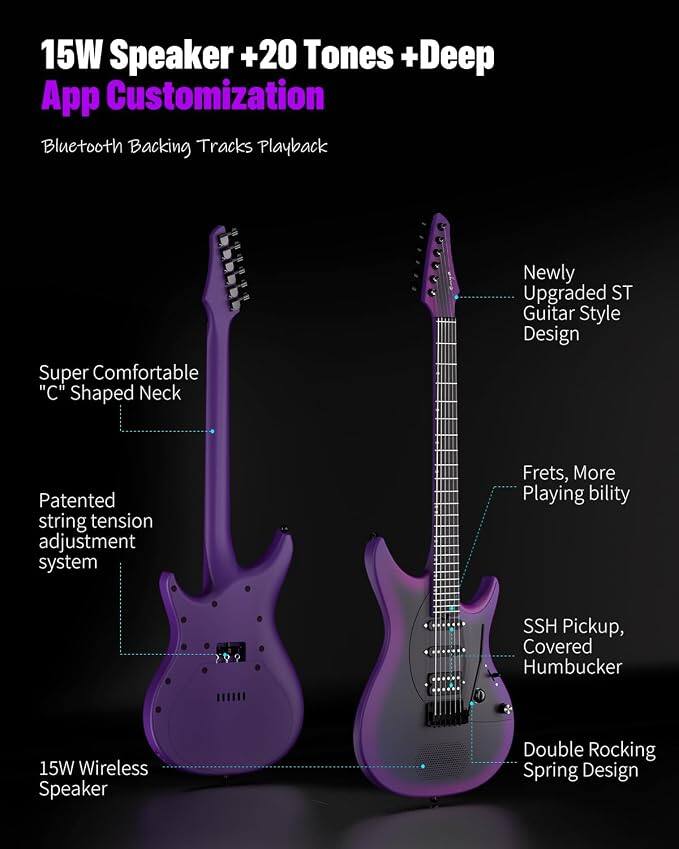 15W Speaker +20 Tones +Deep App Customization Bluetooth Backing Tracks Playback

Super Comfortable "C" Shaped Neck

Newly Upgraded ST Guitar Style Design

Patented string tension adjustment system

Frets, More Playing ability

SSH Pickup, Covered Humbucker

15W Wireless Speaker

Double Rocking Spring Design