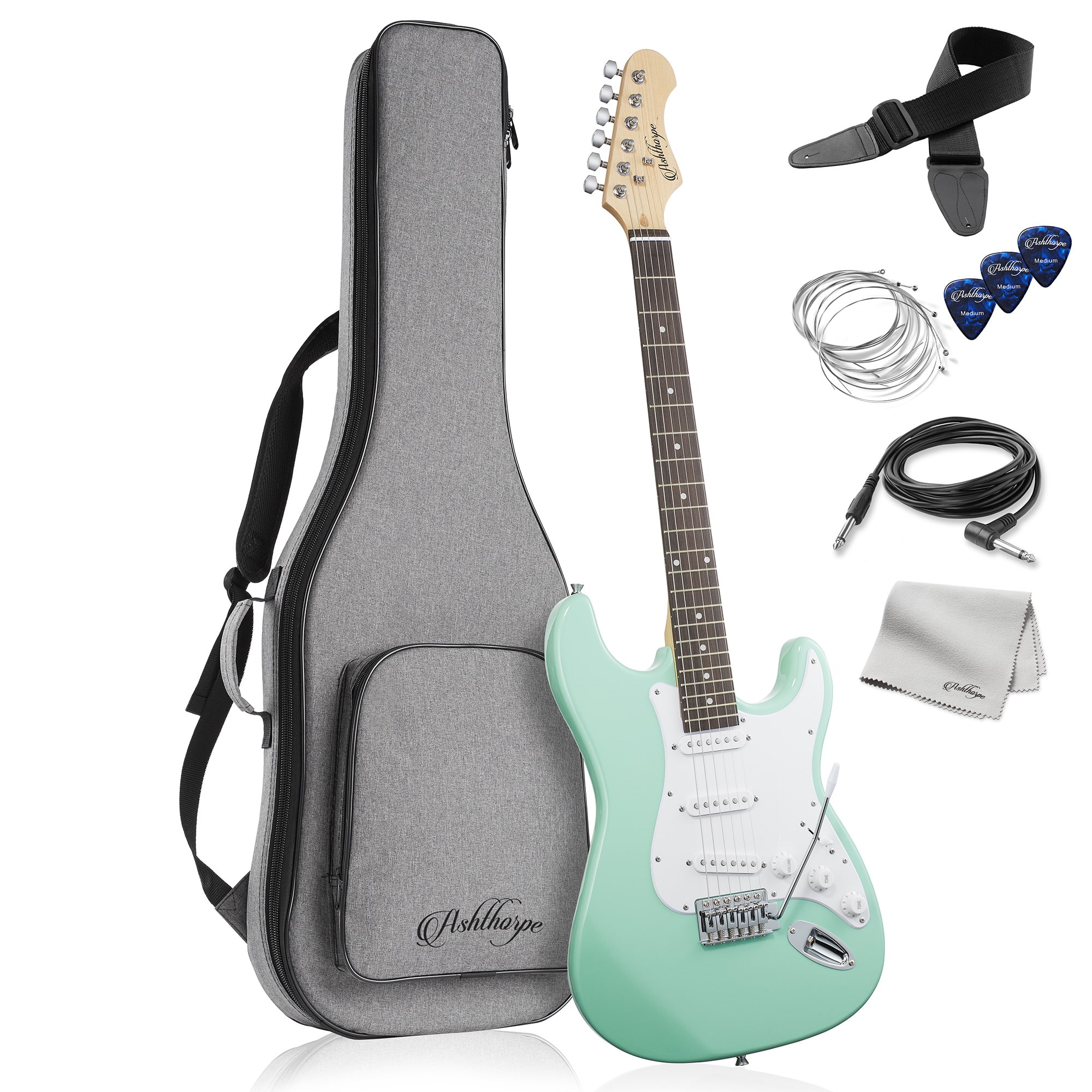 Ashthorpe - 39-in Full-Size Electric Guitar Beginner Kit with Gig Bag - Mint Green-White