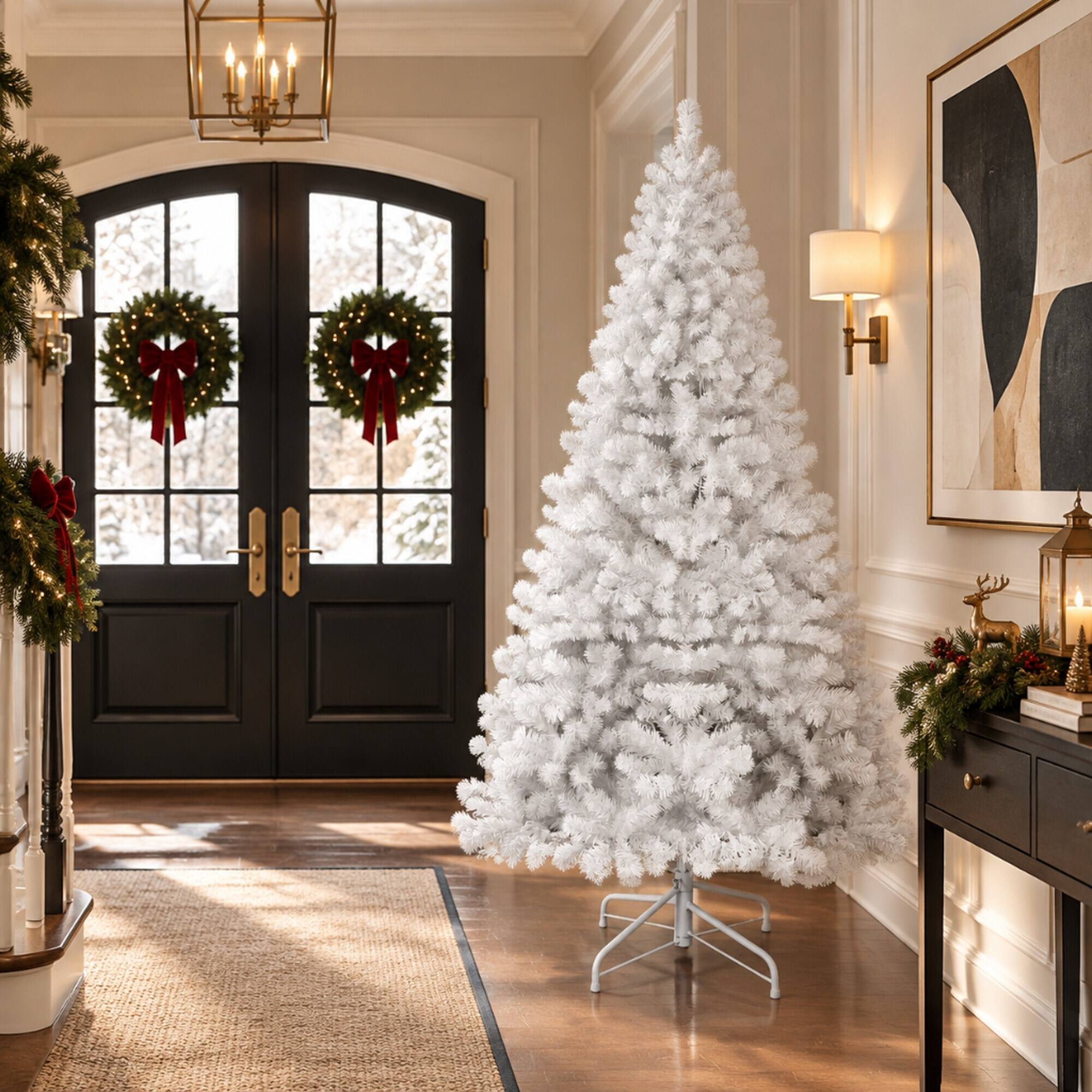 Alt View 2. RYHNUYNE - 8 Ft White Artificial Christmas Tree With Memory Wire 1430 Tips, Hinged PVC Branches Easy Assembly Indoor Decor - White.