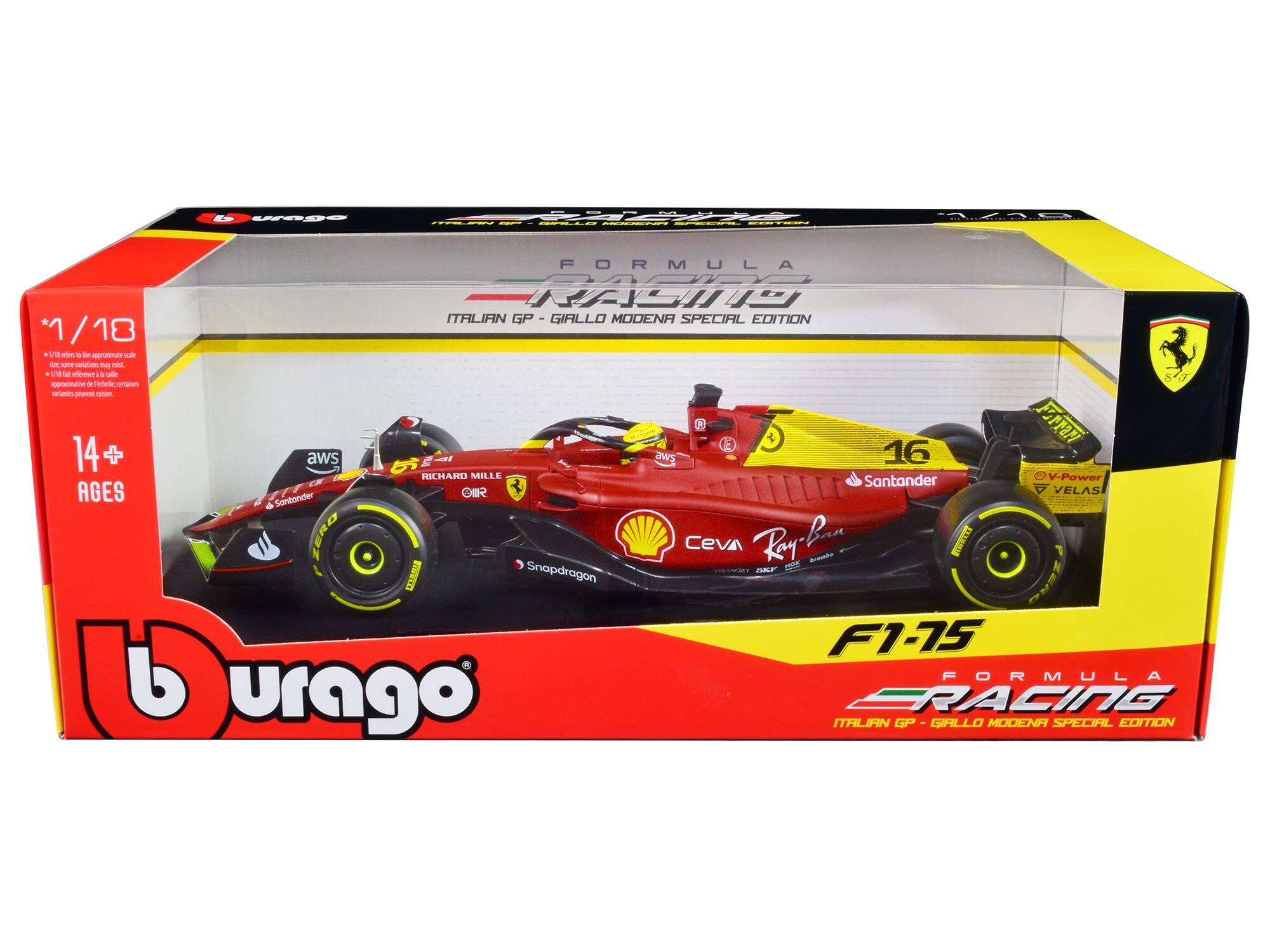 - 1/18 FORMULA RACING ITALIAN GP - GIALLO MODENA SPECIAL EDITION
- 14+ AWS
- HICHARD MILLE V-Power
- Santander
- AGES
- GIR
- VELAS
- Ceva
- Ray-Ban
- Snapdragon
- F1-75
- FORMULA RACING ITALIAN GP - GIALLO MODENA SPECIAL EDITION