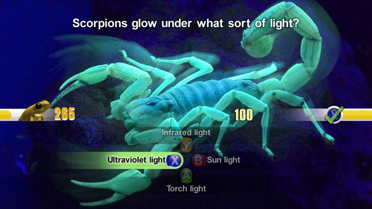 Scorpions glow under what sort of light?

- Infrared light
- Ultraviolet light ✗
- Sun light
- Torch light

Correct answer: Infrared light