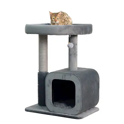 Front. Catry - 2-Level 30.5" Quilted Velvet Cat Tree with Recycled Paper Scratcher, Plush - Gray.