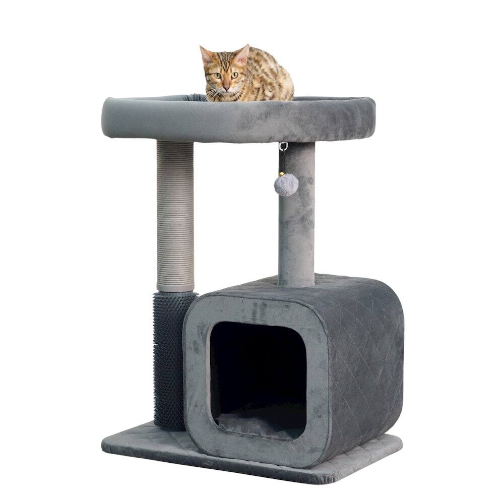 Front. Catry - 2-Level 30.5" Quilted Velvet Cat Tree with Recycled Paper Scratcher, Plush - Gray.