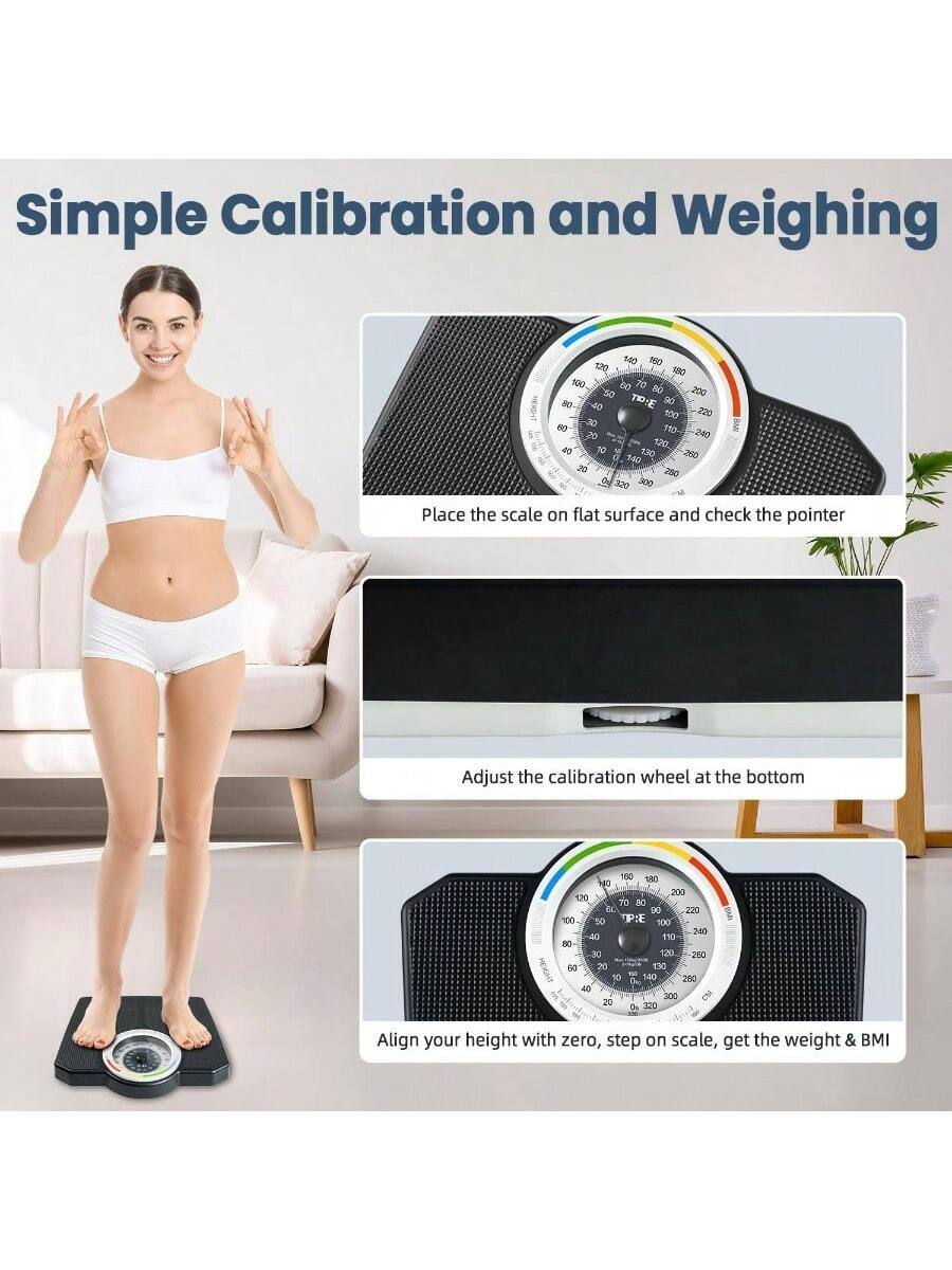 Simple Calibration and Weighing

1. Place the scale on a flat surface and check the pointer.
2. Adjust the calibration wheel at the bottom.
3. Align your height with zero, step on the scale, get the weight & BMI.