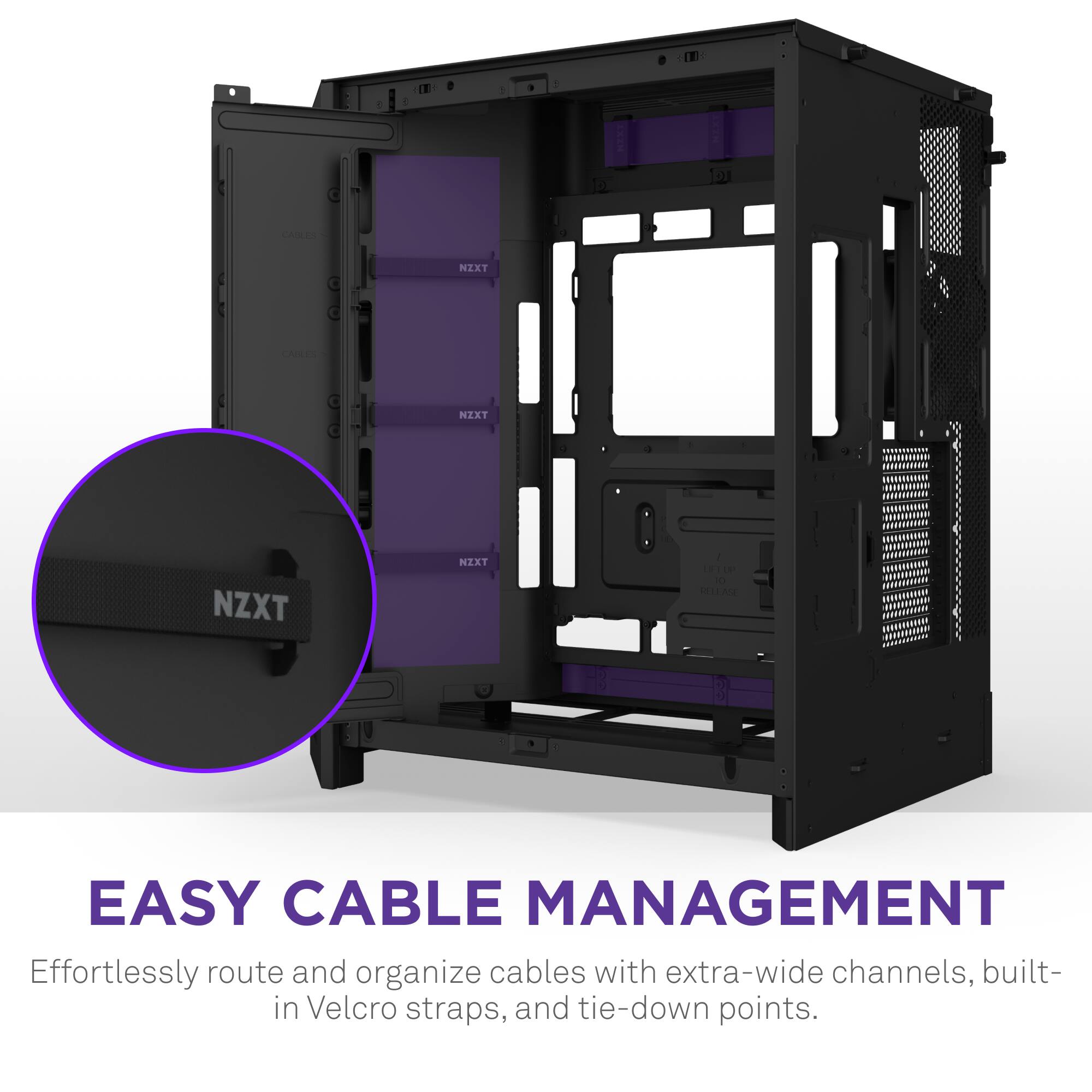 Easy Cable Management: Effortlessly route and organize cables with extra-wide channels, built-in Velcro straps, and tie-down points.