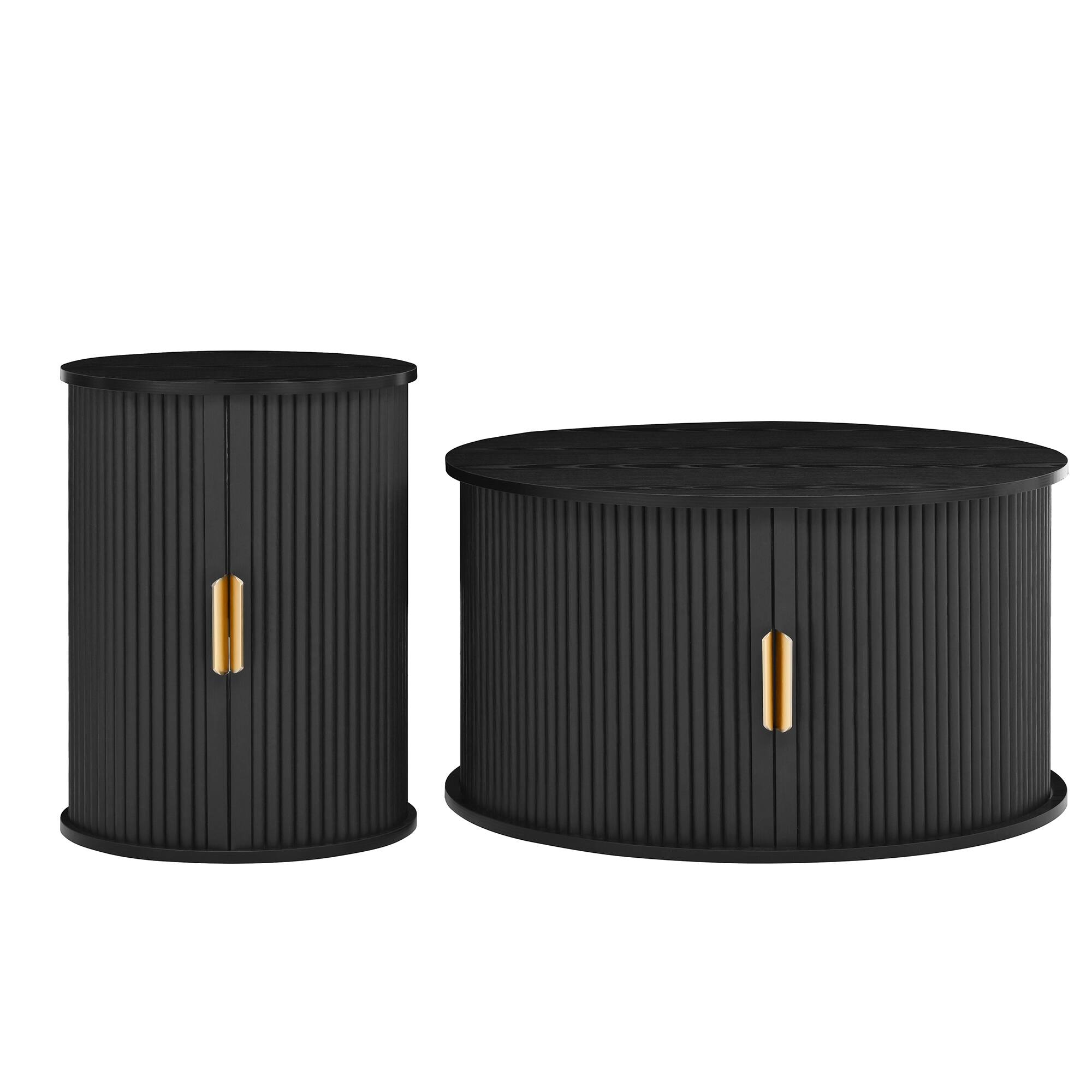 Alt View 5. Tiramisubest - Mid-Century Coffee & Side Table Set of 2 with Tambour Door,Fluted Design,Golden Handle Tall & Low Side Table,Black - Black.