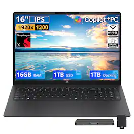HP - Upgraded - OmniBook 3 Laptop,16" 2K IPS Display,Snapdragon X X1-26-100,16GB RAM,1TB SSD+1TB Dock Set,Backlit,Win11 - Iron Gray