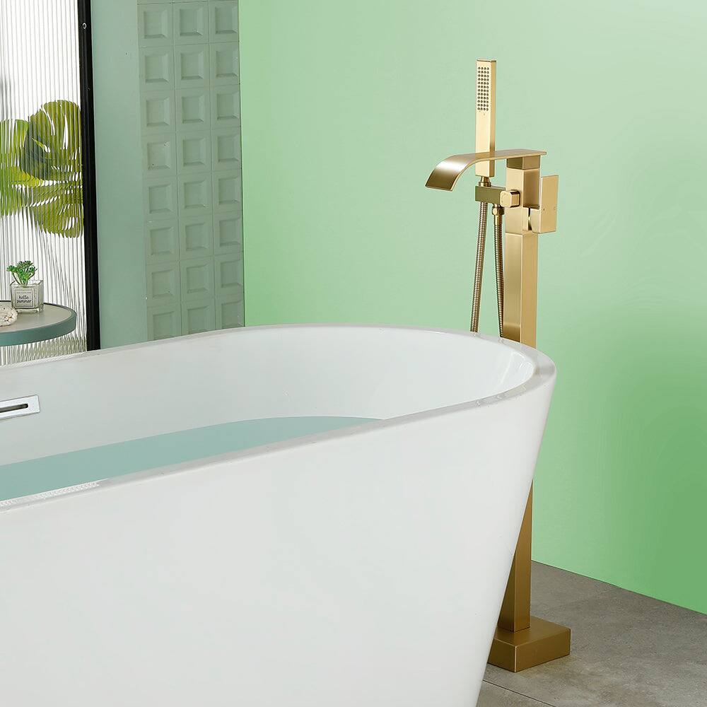 Alt View 1. Boyel Living - Brushed Gold Bathtub Faucet Dual Function 360 Degrees Rotatable 1.5m SUS304 Hose Independent Handles - Brushed Gold.