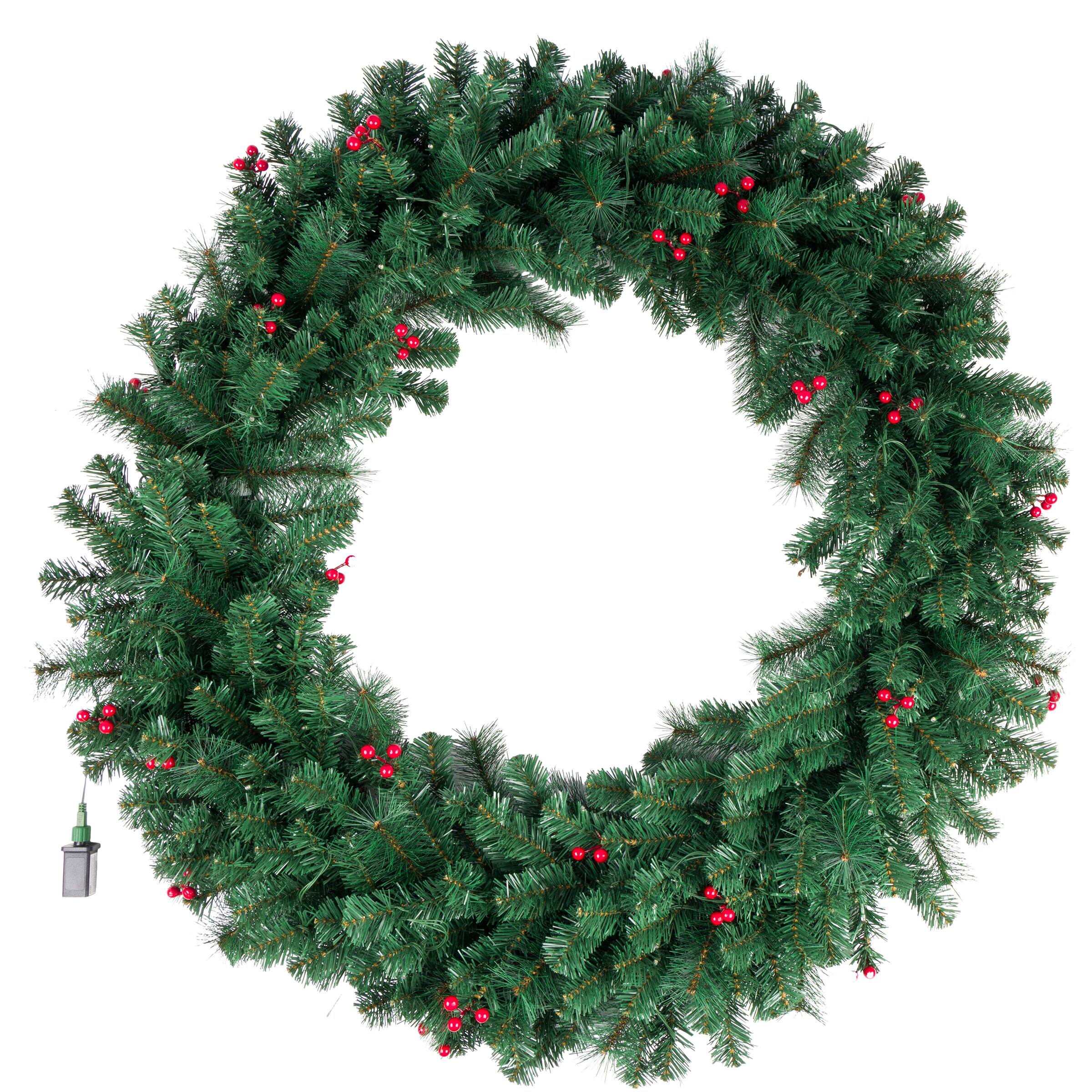 Front. Elf Stor - Elf Stor Large Christmas Wreath with Lights and Berries, Green, 48” - Green.