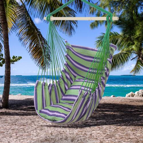 Alt View 9. Winado - Hammock Chair Hanging Rope Swing, Macrame Hammock Swing Seat with 2 Cushions, Portable Steel Spreader Bar for In/Outdoor - Green Stripes.