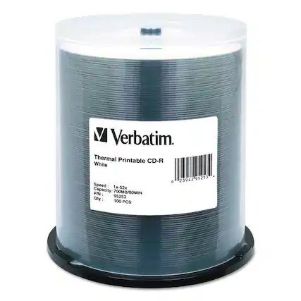 Verbatim
Thermal Printable CD-R White
Speed: 1x-52x
Capacity: 700MB/80MIN
P/N: 95253
Qty: 100 PCS
Barcode: 0 23942 95253