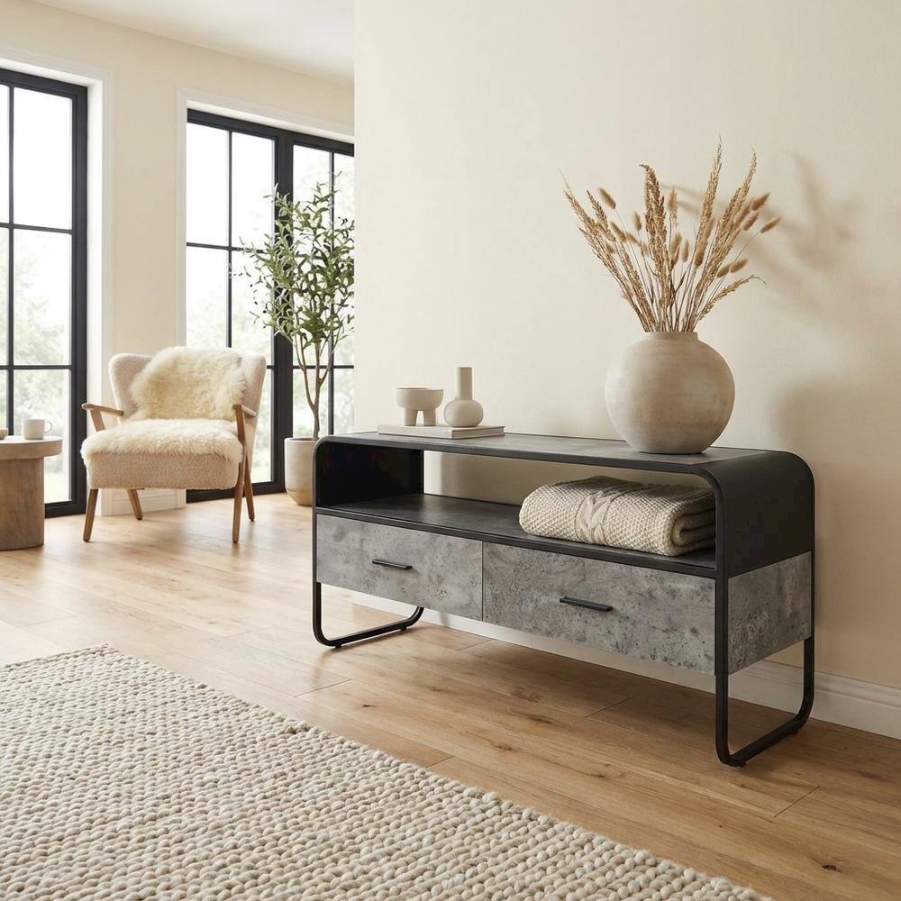 Alt View 2. FurniFact - Industrial-style TV stand, concrete gray, black finish, made from particleboard - Brown.