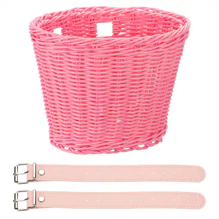 Front. Unique Bargains - Bike Basket Front, Hand-Woven Bicycle Basket with Adjustable PU Belts, 1pc - Fits Most Road Bikes, Bicycles/Scooters - Pink.