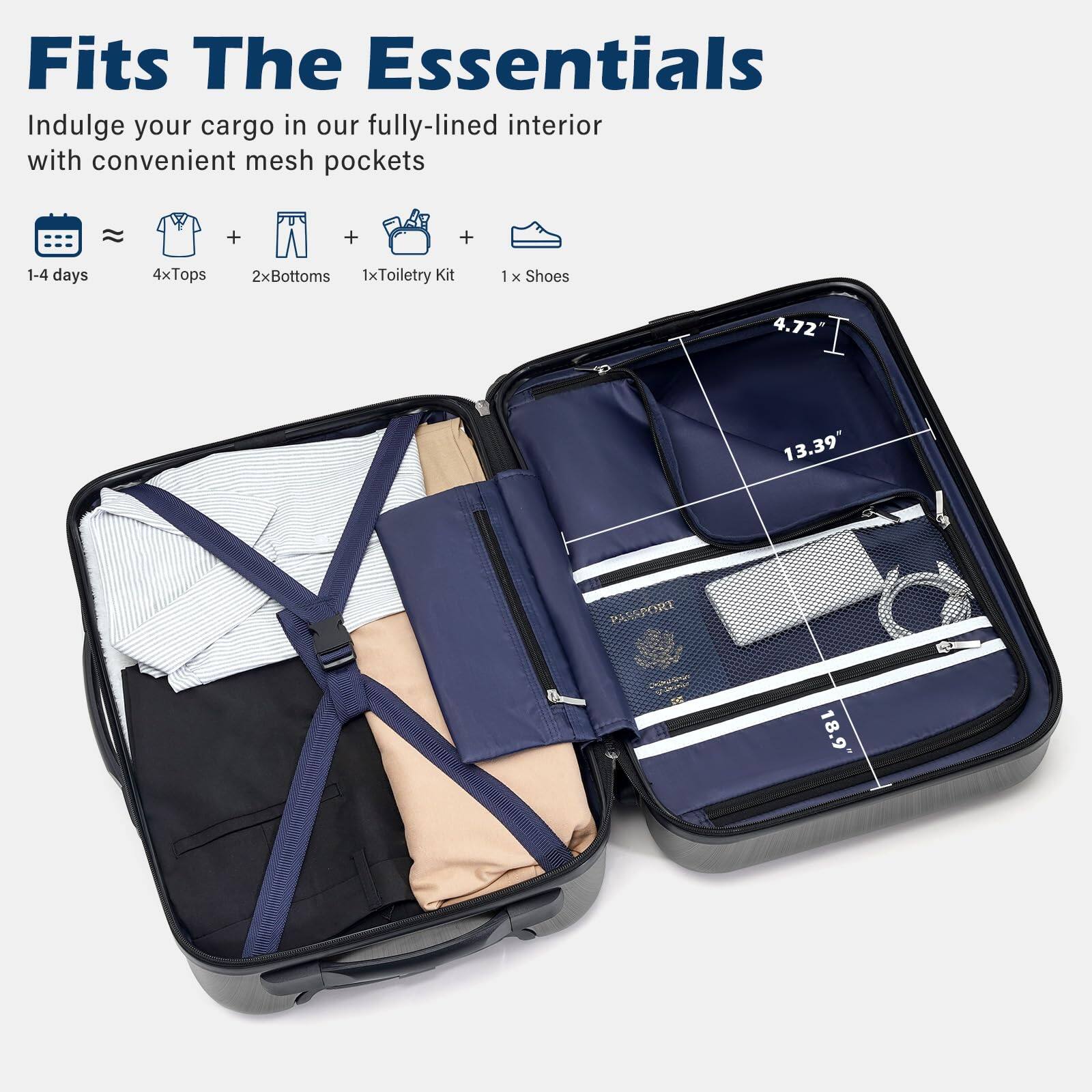 Fits The Essentials

Indulge your cargo in our fully-lined interior with convenient mesh pockets

1-4 days
4x Tops
2x Bottoms
1x Toiletry Kit
1 x Shoes

4.72" 13.39" 18.9"