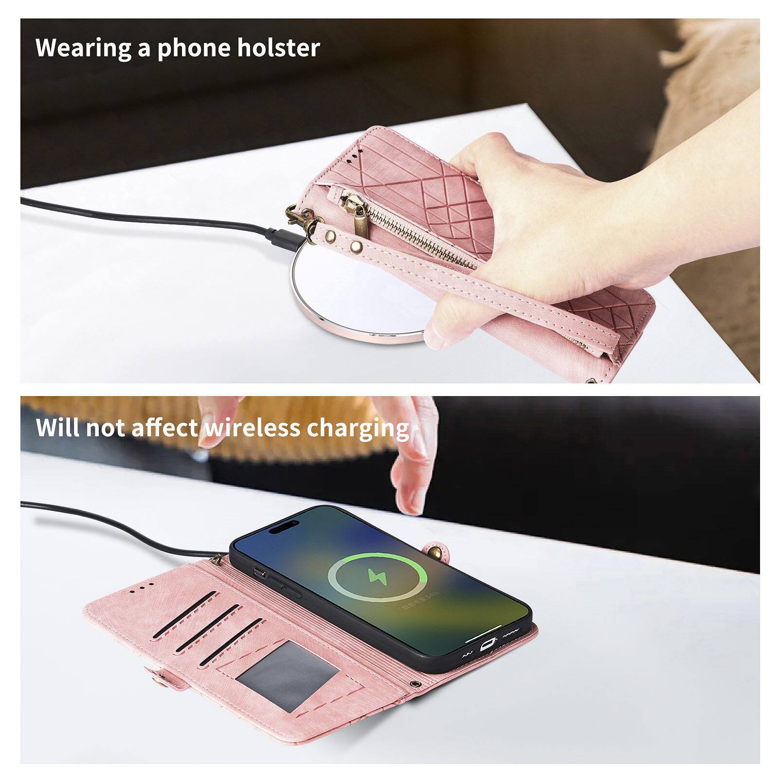 Wearing a phone holster  
Will not affect wireless charging