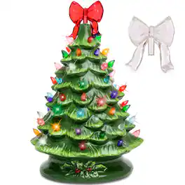 Best Choice Products - 15in Ceramic Christmas Tree, Pre-lit Hand-Painted Tabletop Holiday Tree, w/Multi, Bow Toppers - Green
