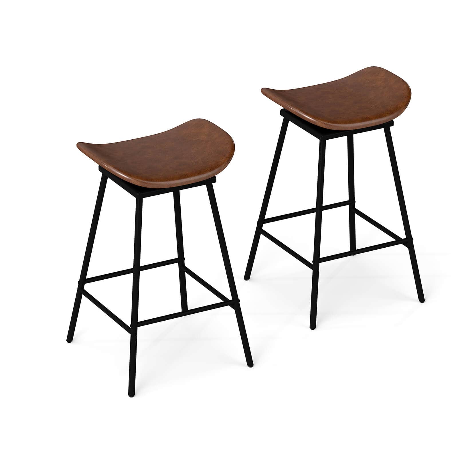 Costway - Swivel Barstools Set of 2 Faux Leather Upholstered Backless Bar Height Chairs - Brown,Black
