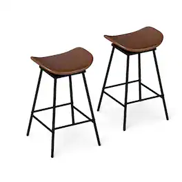 Costway - Swivel Barstools Set of 2 Faux Leather Upholstered Backless Bar Height Chairs - Brown,Black