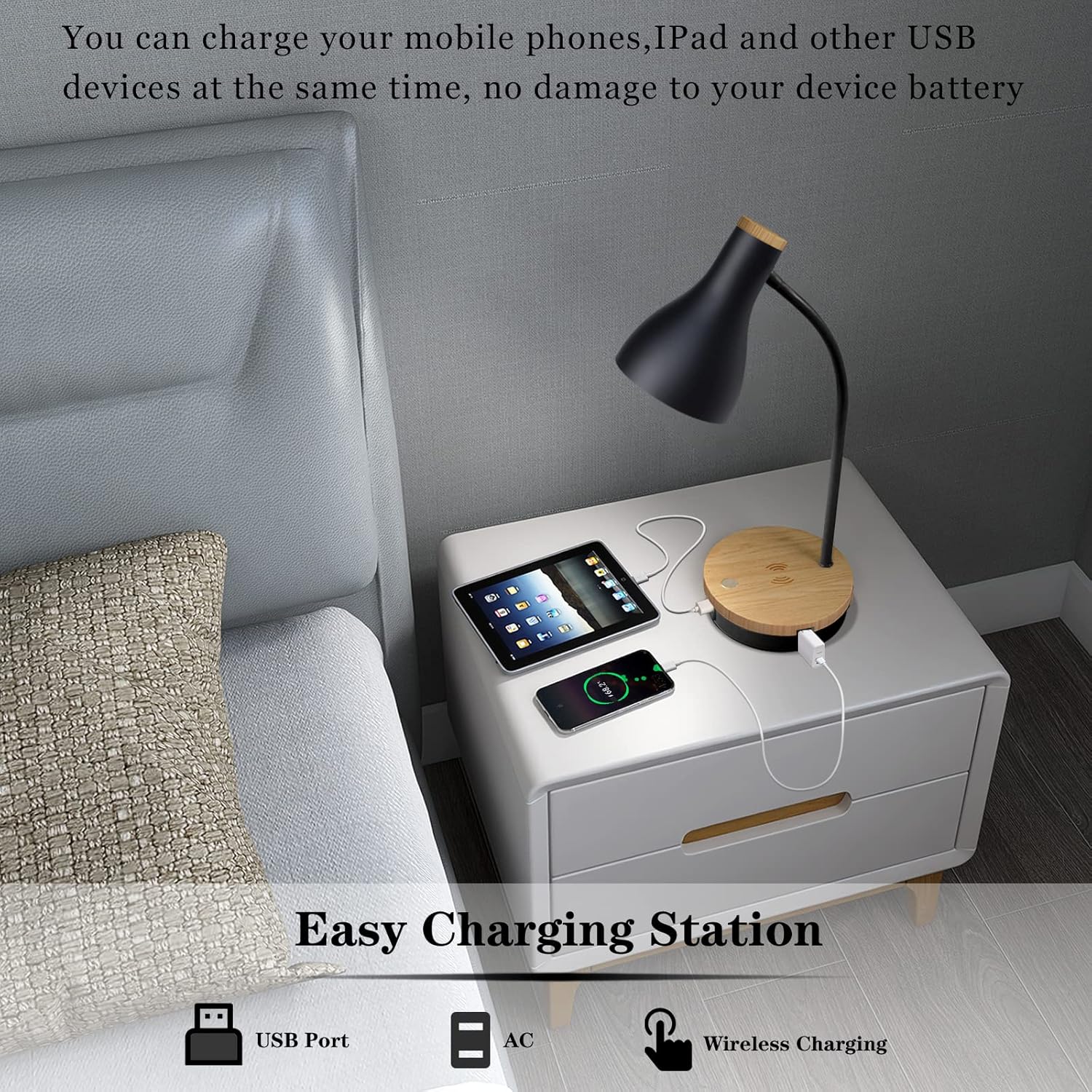 You can charge your mobile phones, iPad and other USB devices at the same time, no damage to your device battery.

Easy Charging Station

USB Port
AC
Wireless Charging