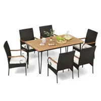 Costway 7 PCS Patio Dining Set with Acacia Wood Dining Table Rattan Armchairs Soft Cushions - Natural + Black - Front_Zoom