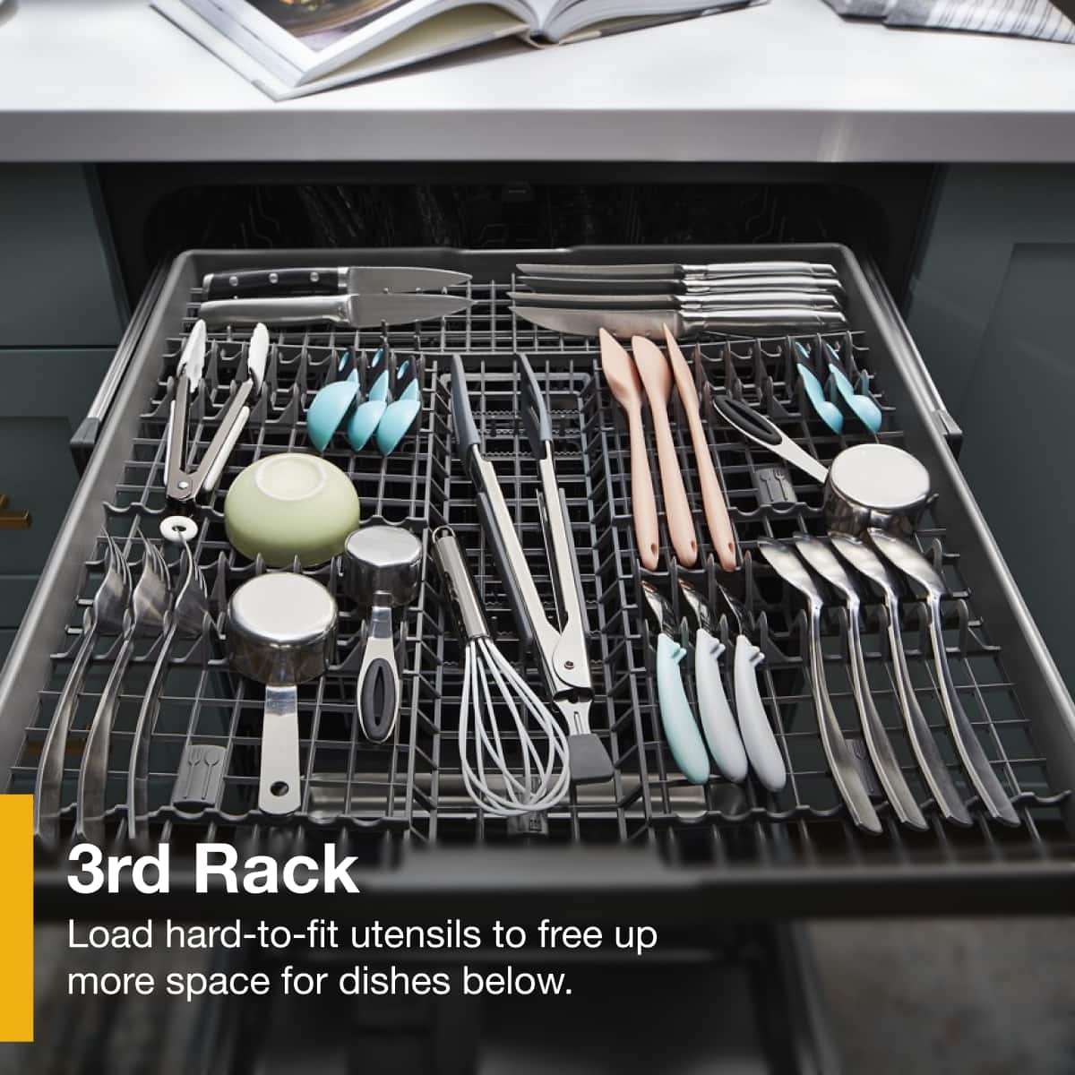 3rd Rack
Load hard-to-fit utensils to free up more space for dishes below.