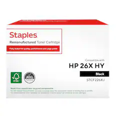tapies erimcnmes | aaa ad aa a adda Staples. Remanufactured Toner Cartridge Fully tested for quality, performance and page yields Compatible with HP 26X HY FSC QUALITY APPROVED n - - Faie nnd Gremuley Black STCF226XJ Made from reused and recycled components. For this Staples* Brand Product, we reuse or recycle many key components instead of sending them to landfills. Our remanufactured toner cartridges are designed to meet the same high standards as new cartridges.