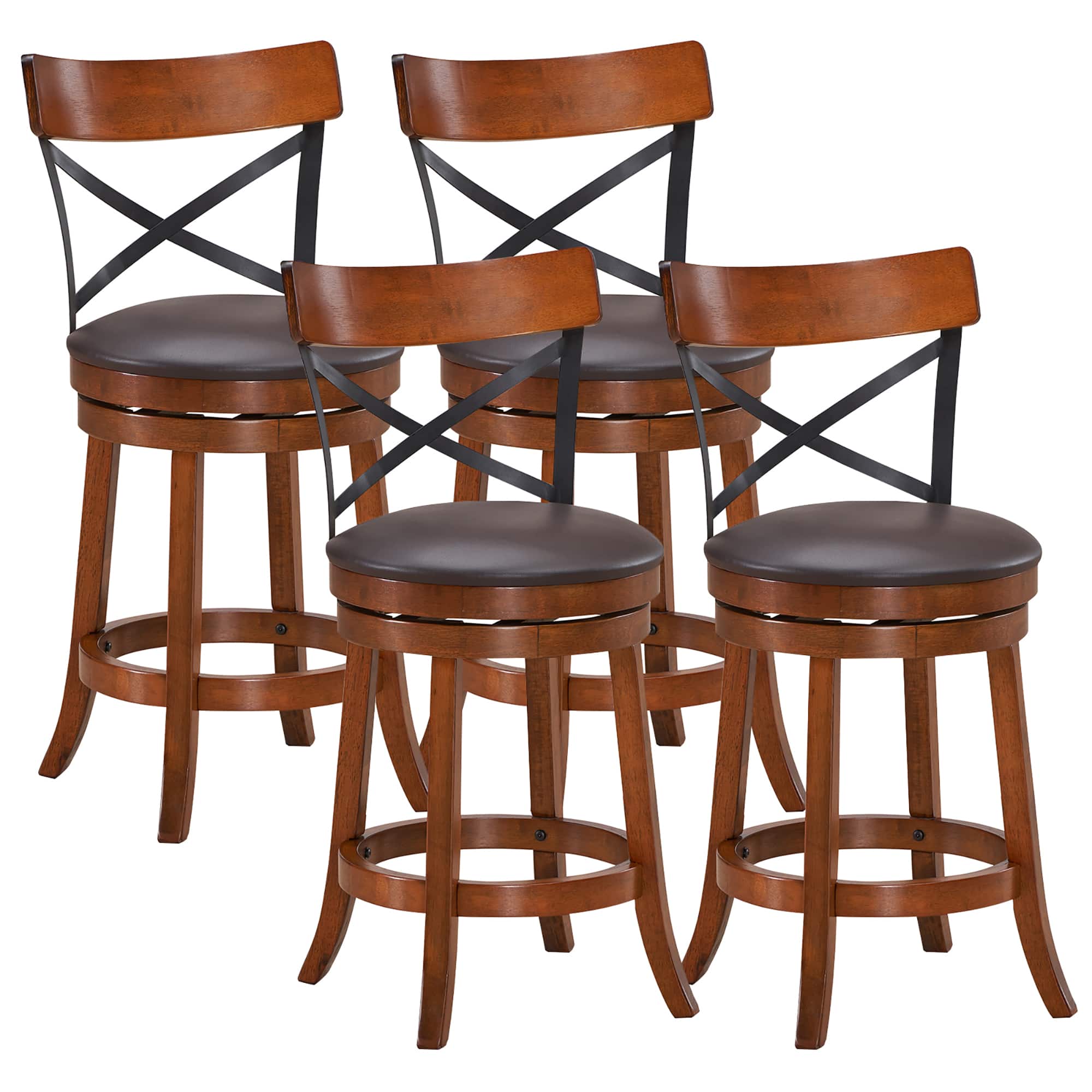 Costway - Set of 4 Bar Stools Swivel 25" Dining Bar Chairs with Rubber Wood Legs - Walnut,Black,Brown