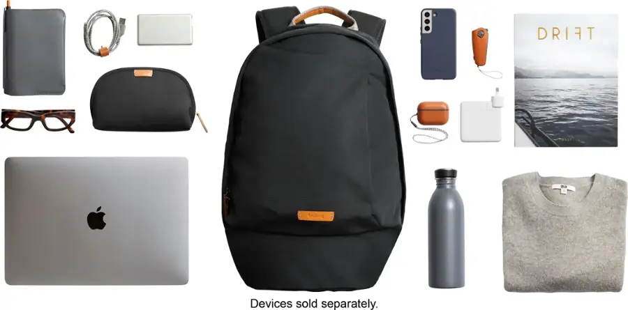 The image shows a variety of items, including a backpack, laptop, cell phone, and other accessories. The text on the image reads "Devices sold separately," indicating that the items are not bundled together and must be purchased individually. The backpack is prominently displayed in the center of the image, surrounded by the other items.