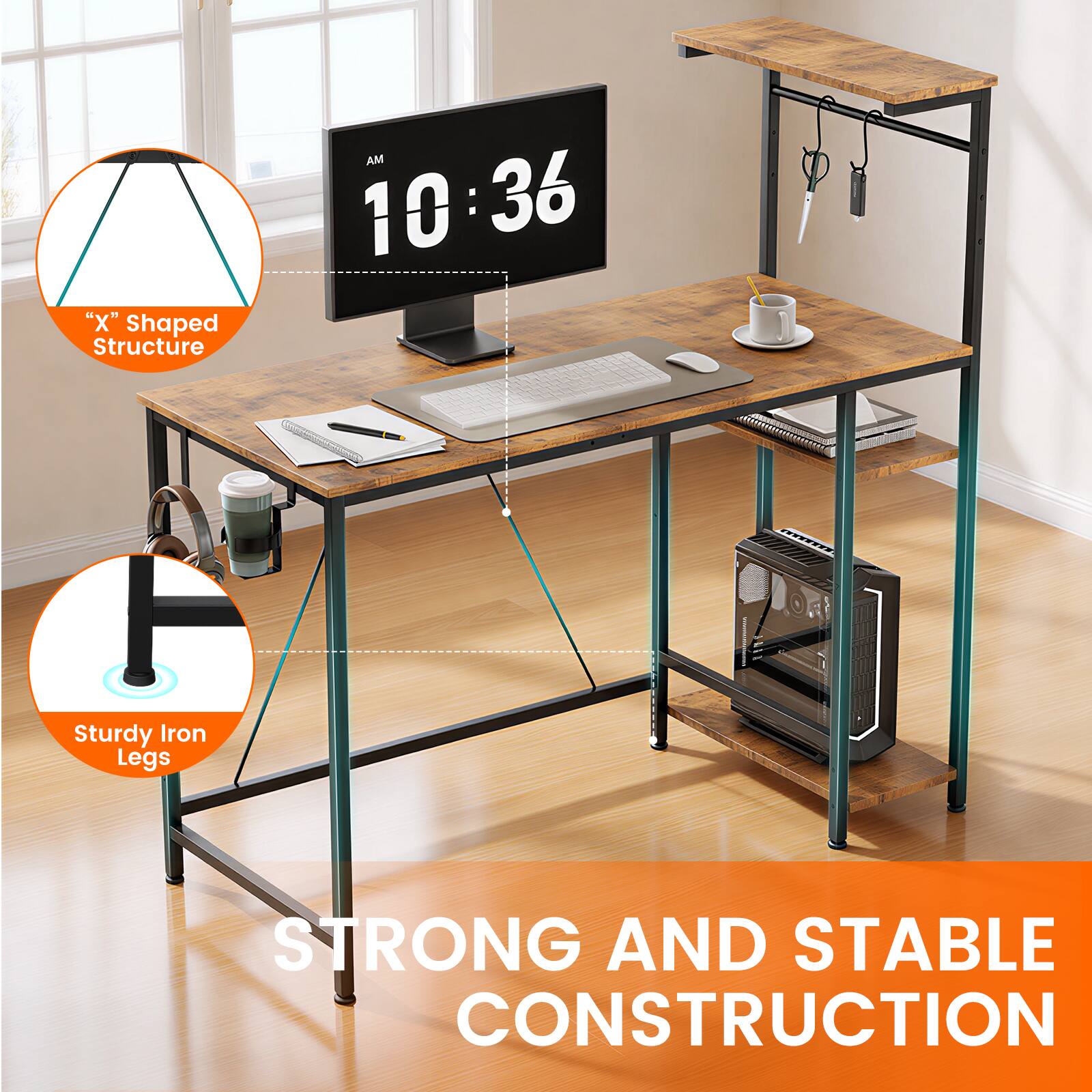 "X" Shaped Structure  
AM 10:36  
Sturdy Iron Legs  
STRONG AND STABLE CONSTRUCTION
