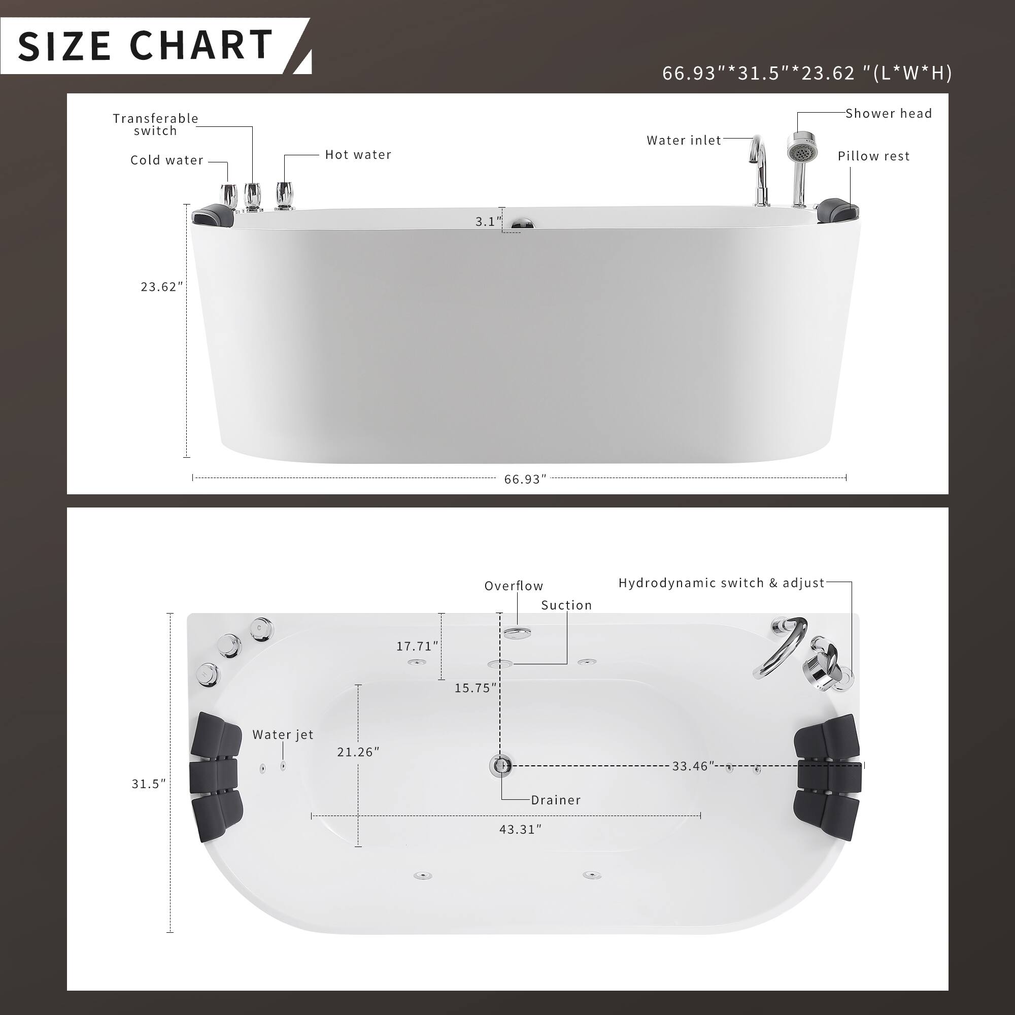**SIZE CHART**

66.93" * 31.5" * 23.62" (L * W * H)

- Transferable switch
- Cold water
- Hot water
- Water inlet
- Shower head
- Pillow rest
- Overflow
- Hydrodynamic switch & adjust
- Suction
- Water jet
- Drainer

**Dimensions:**
- 66.93"
- 31.5"
- 23.62"
- 3.1"
- 17.71"
- 15.75"
- 21.26"
- 33.46"
- 43.31"