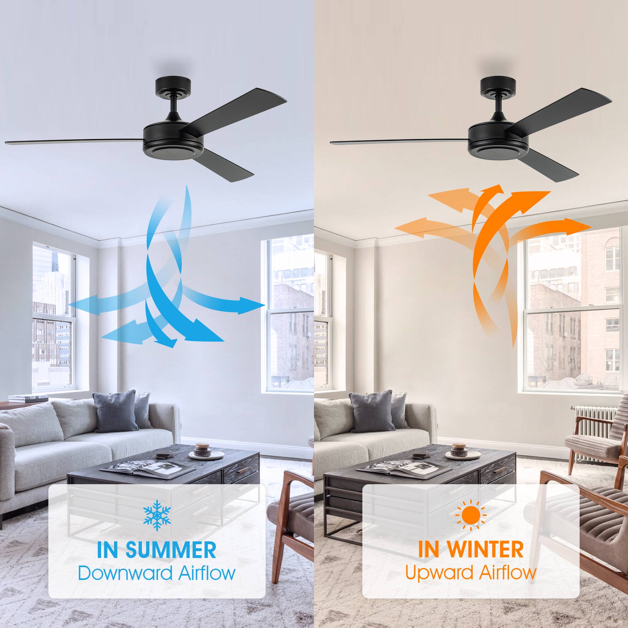 IN SUMMER  
Downward Airflow  

IN WINTER  
Upward Airflow