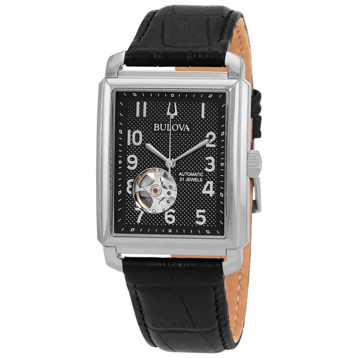 Bulova - Sutton 21 Jewels Automatic 96A269 Mens Watch Open Heart Dial Leather Strap 30M - Black