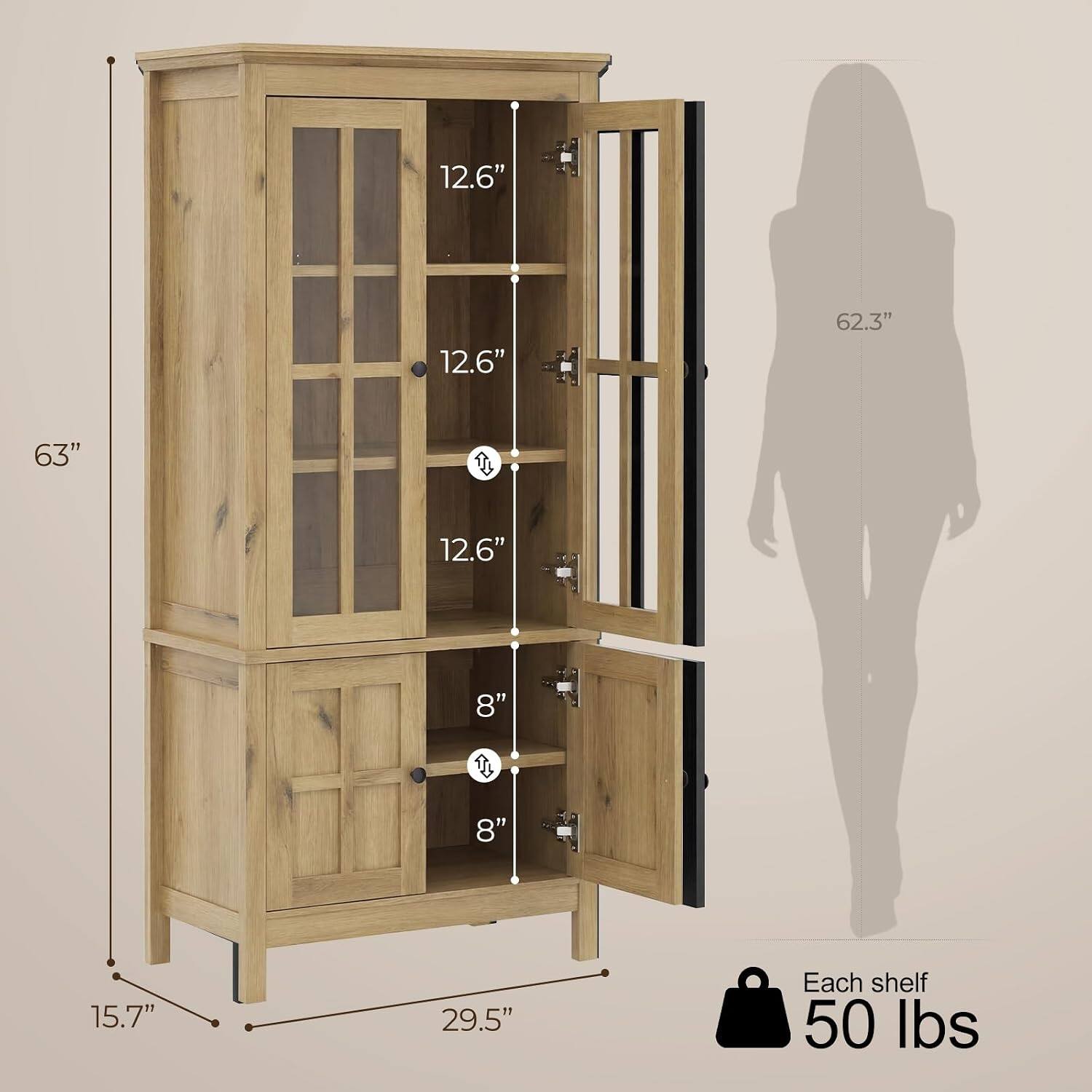 12.6" 12.6" 62.3" 63" 12.6" 8" 8" 15.7" 29.5" Each shelf 50 lbs