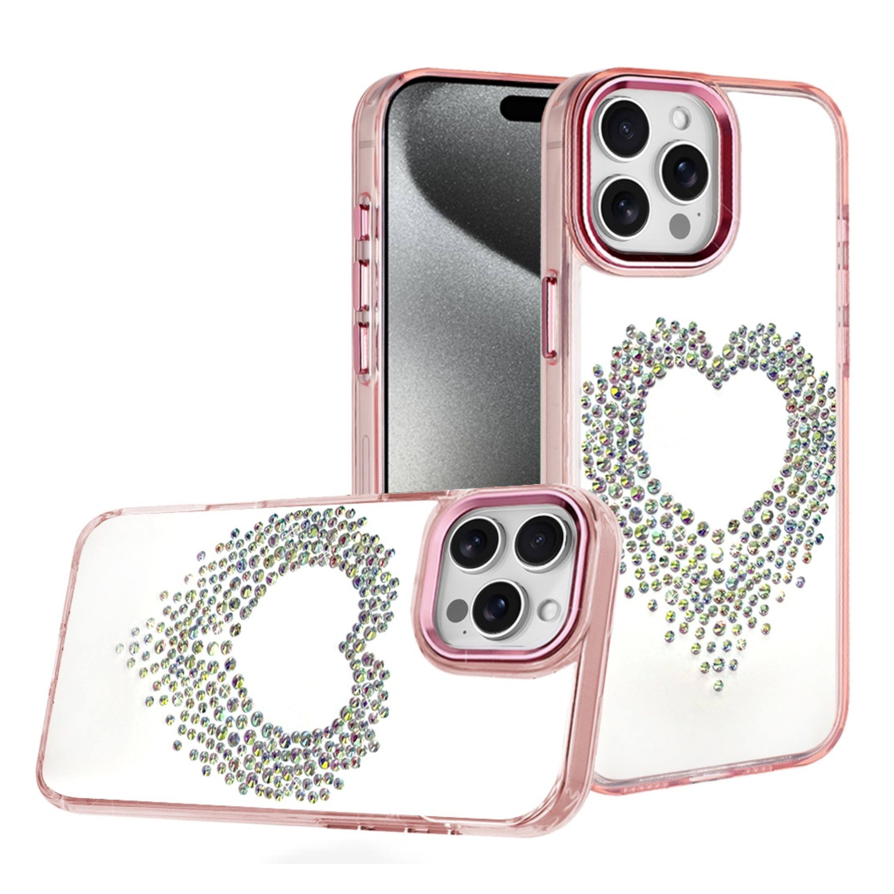 Left. Kitcheniva - Heart Shaped Rhinestones Cover Phone Case With 2 Pcs Tempered Glass For iPhone 15 Pro Max Rose Gold - Rose Gold.