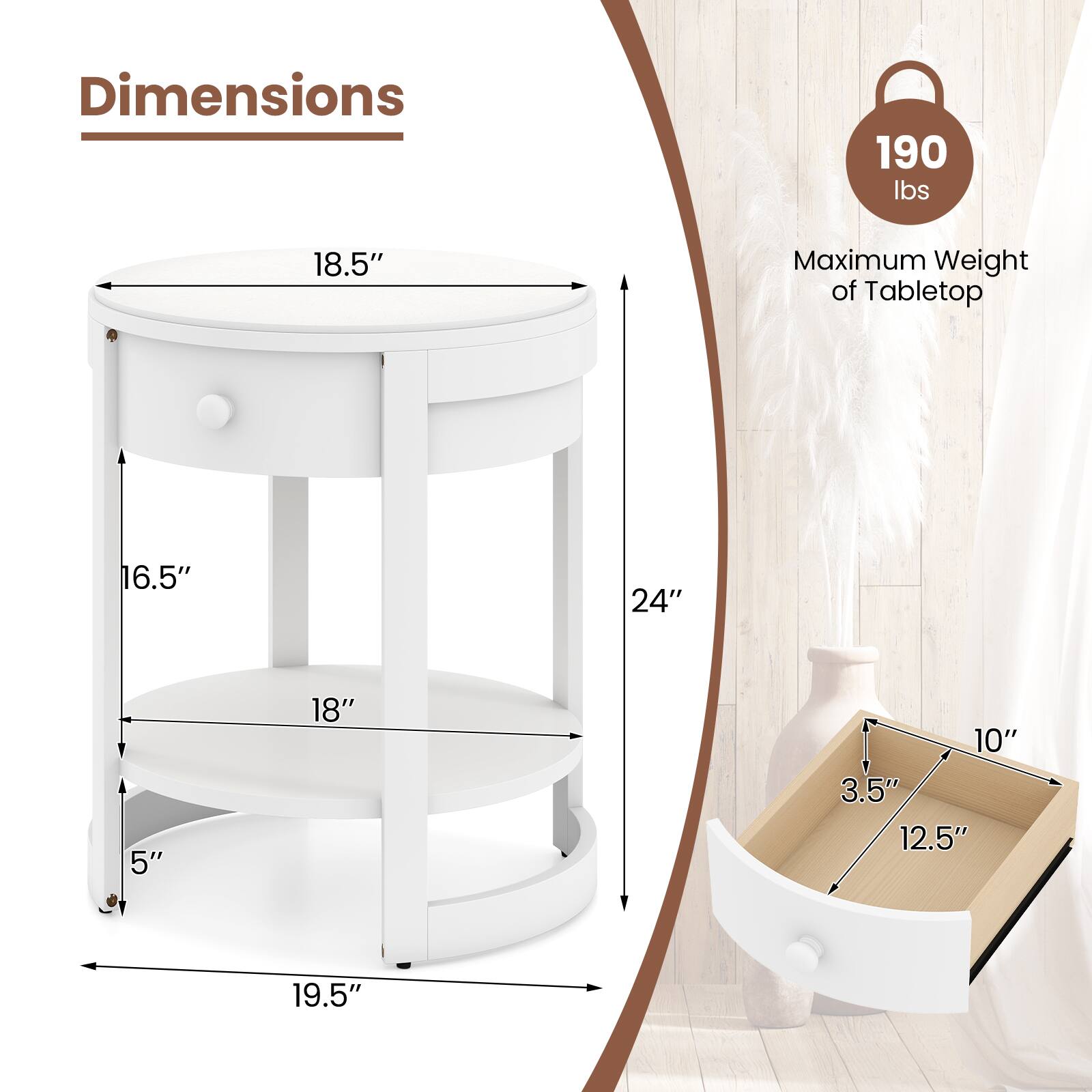 Dimensions  
18.5"  
16.5"  
18"  
5"  
19.5"  
24"  
10"  
3.5"  
12.5"  

Maximum Weight of Tabletop  
190 lbs