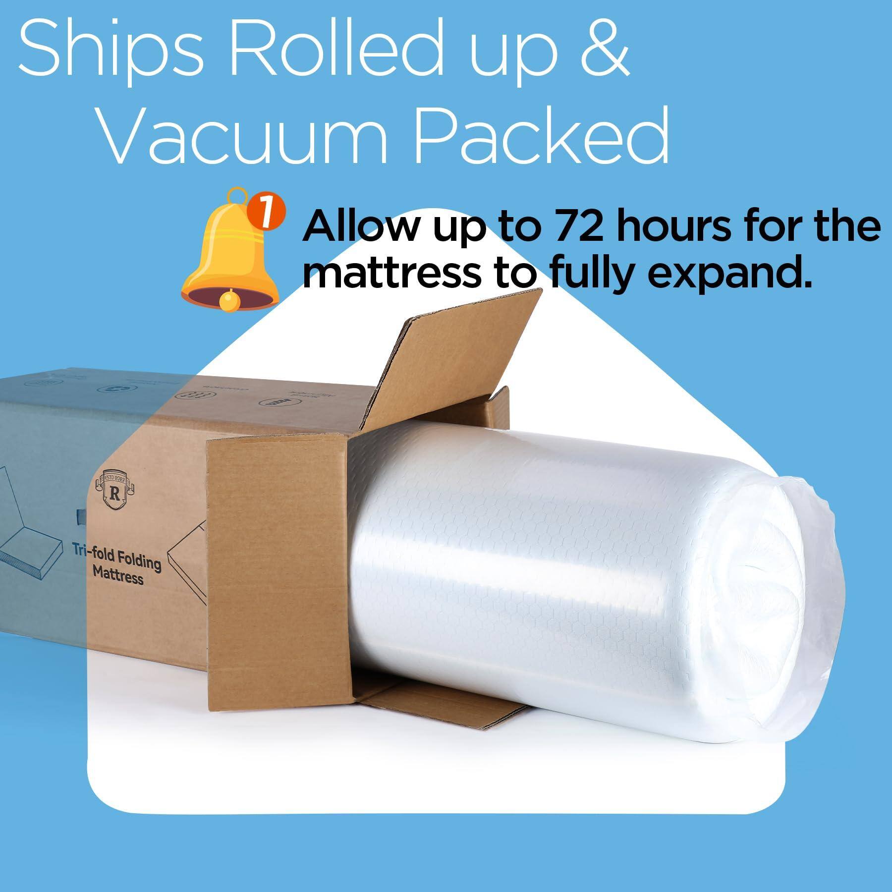 Ships Rolled up & Vacuum Packed

1. Allow up to 72 hours for the mattress to fully expand.

Tri-fold Folding Mattress