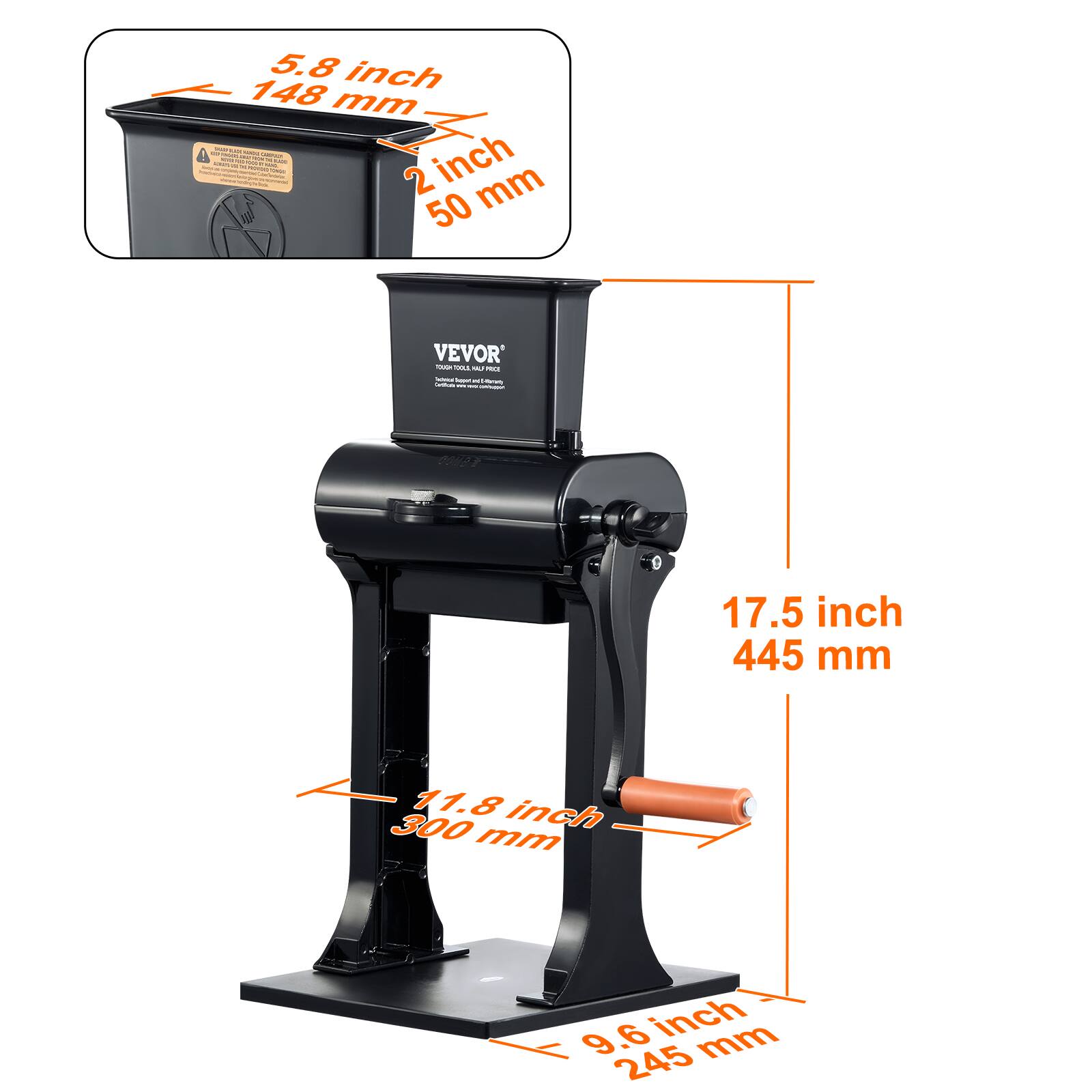 5.8 inch 148 mm  
2 inch 50 mm  
17.5 inch 445 mm  
11.8 inch 300 mm  
9.6 inch 245 mm