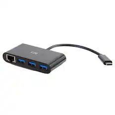 Front. C2G - 757120297475 USB C Hub With Ethernet - Black - 1 Network (RJ-45) - 3x USB 3.0 - External - Black.