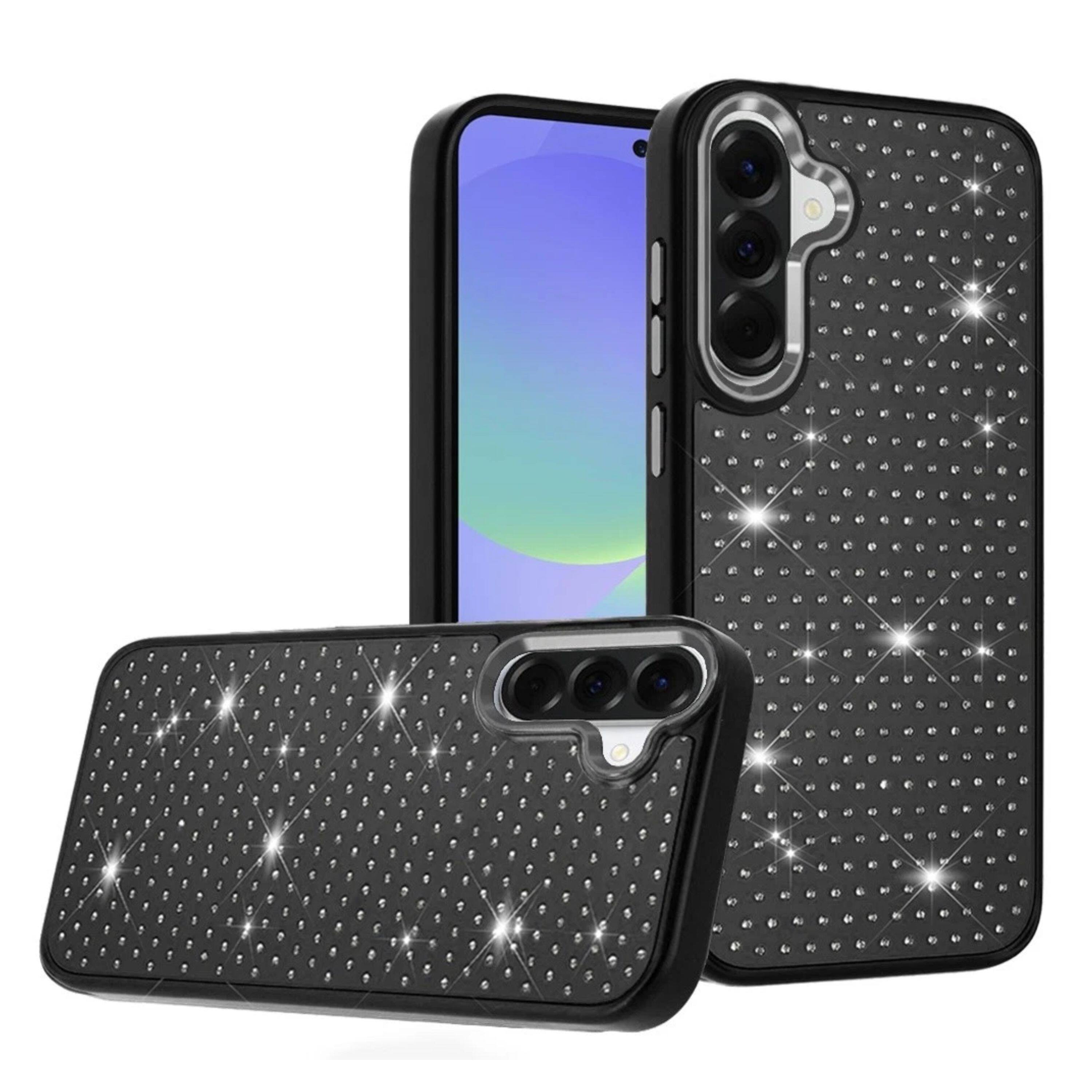 Angle. Kitcheniva - Faux Crystals Chrome Plated Phone Case With Tempered Glass For Samsung Galaxy A37 5G Black - Black.