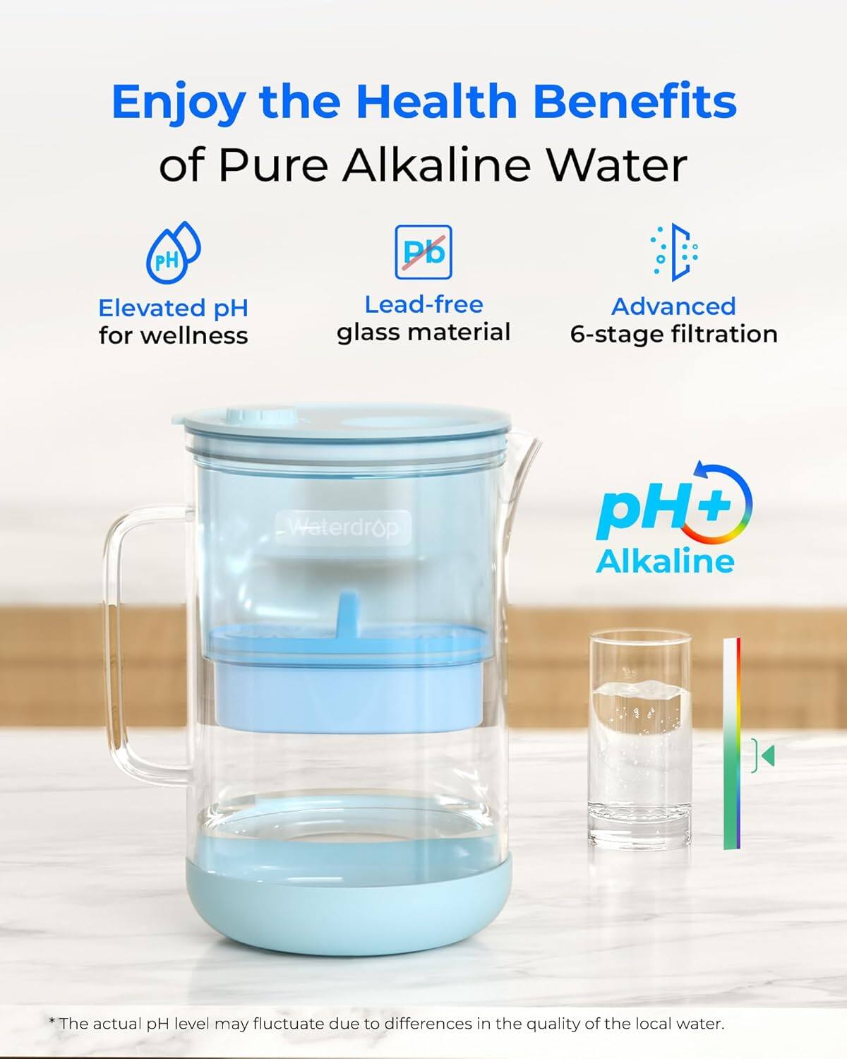 Enjoy the Health Benefits of Pure Alkaline Water

- Elevated pH for wellness
- Lead-free glass material
- Advanced 6-stage filtration

pH+ Alkaline

*The actual pH level may fluctuate due to differences in the quality of the local water.