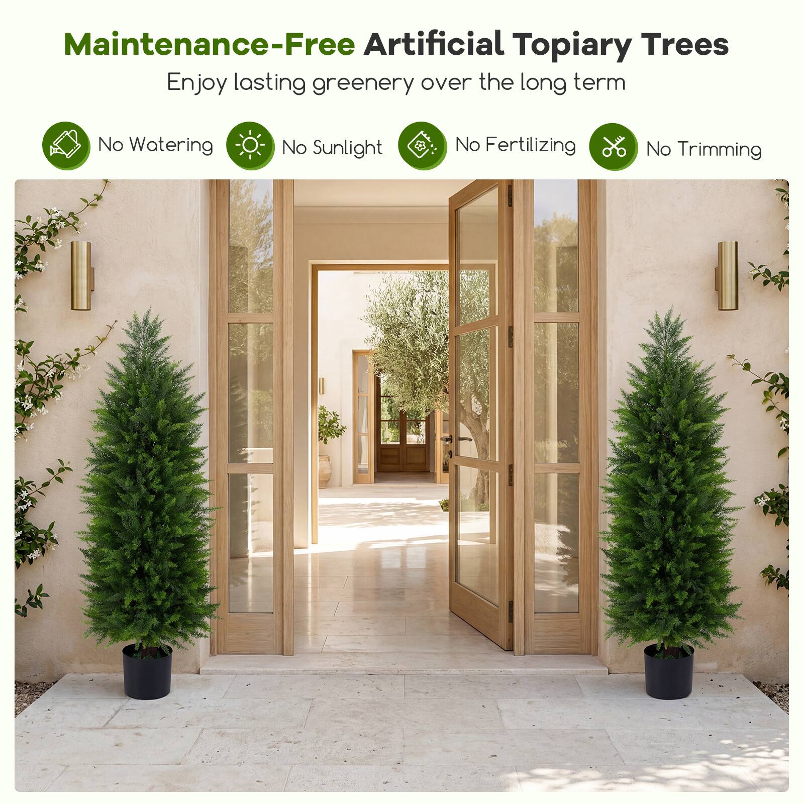 Maintenance-Free Artificial Topiary Trees  
Enjoy lasting greenery over the long term  

- No Watering  
- No Sunlight  
- No Fertilizing  
- No Trimming