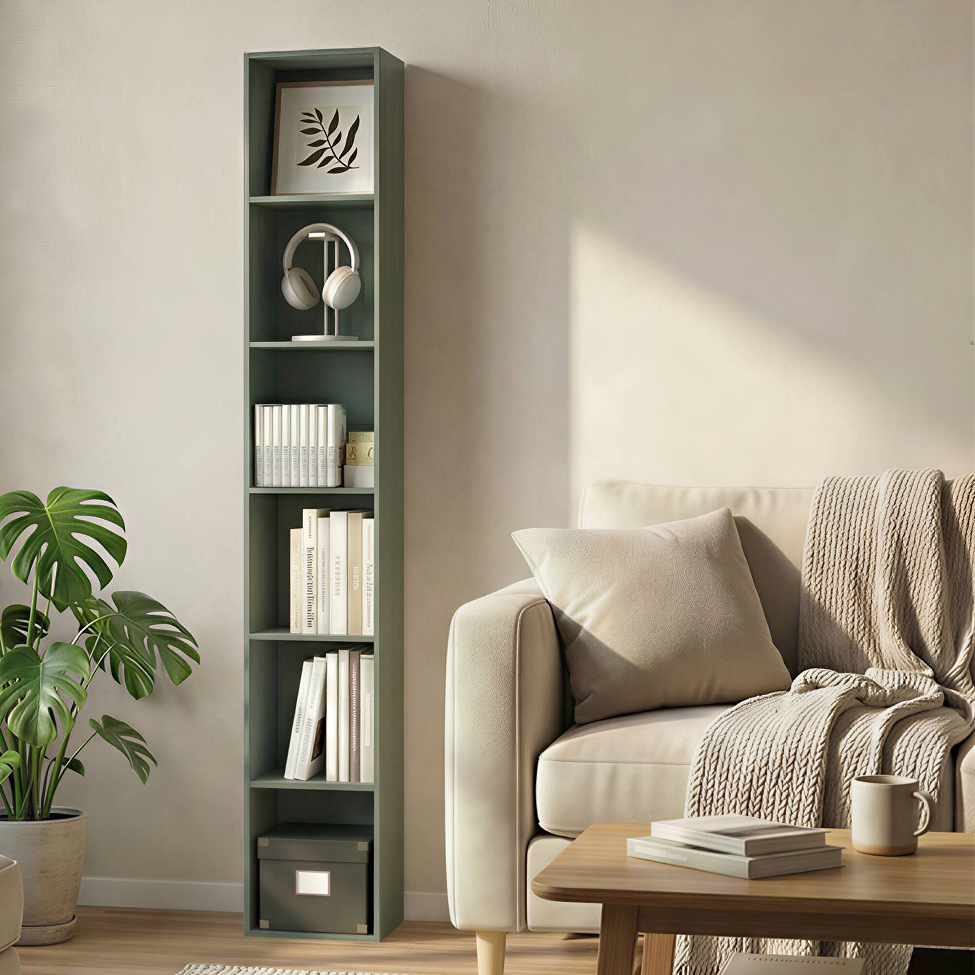 Alt View 2. Furinno - LUDER Book Shelf, 6-Tier Tall Modern Bookshelf, Bookcase with Open Shelving, Floor Standing Shelves, 9.3 x 12 x 71 - Sage Green.