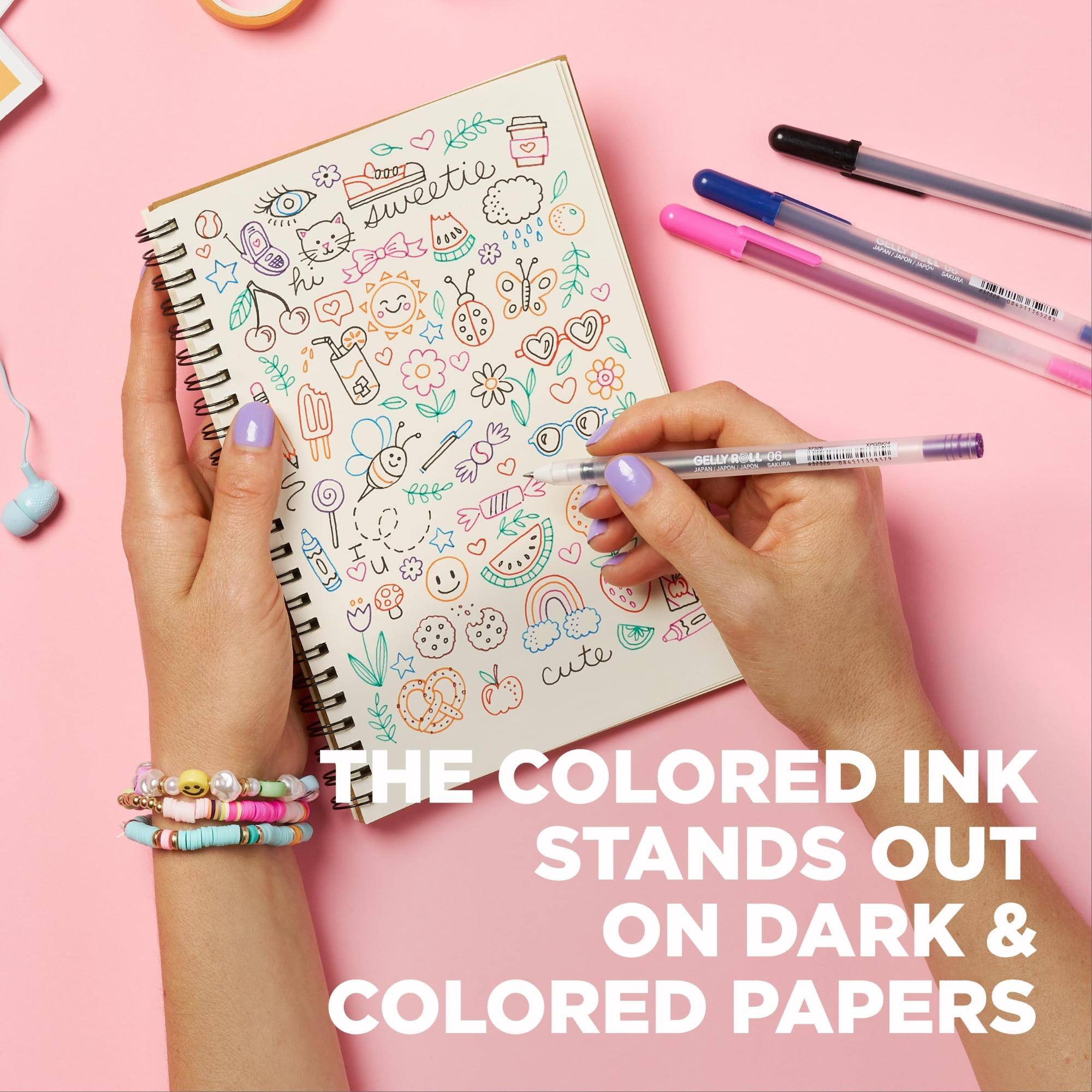 sweetie

DELLY

OIII BOOS

GELLY ROLL 06 202 SAPON MAGRA

cute

THE COLORED INK STANDS OUT ON DARK & COLORED PAPERS