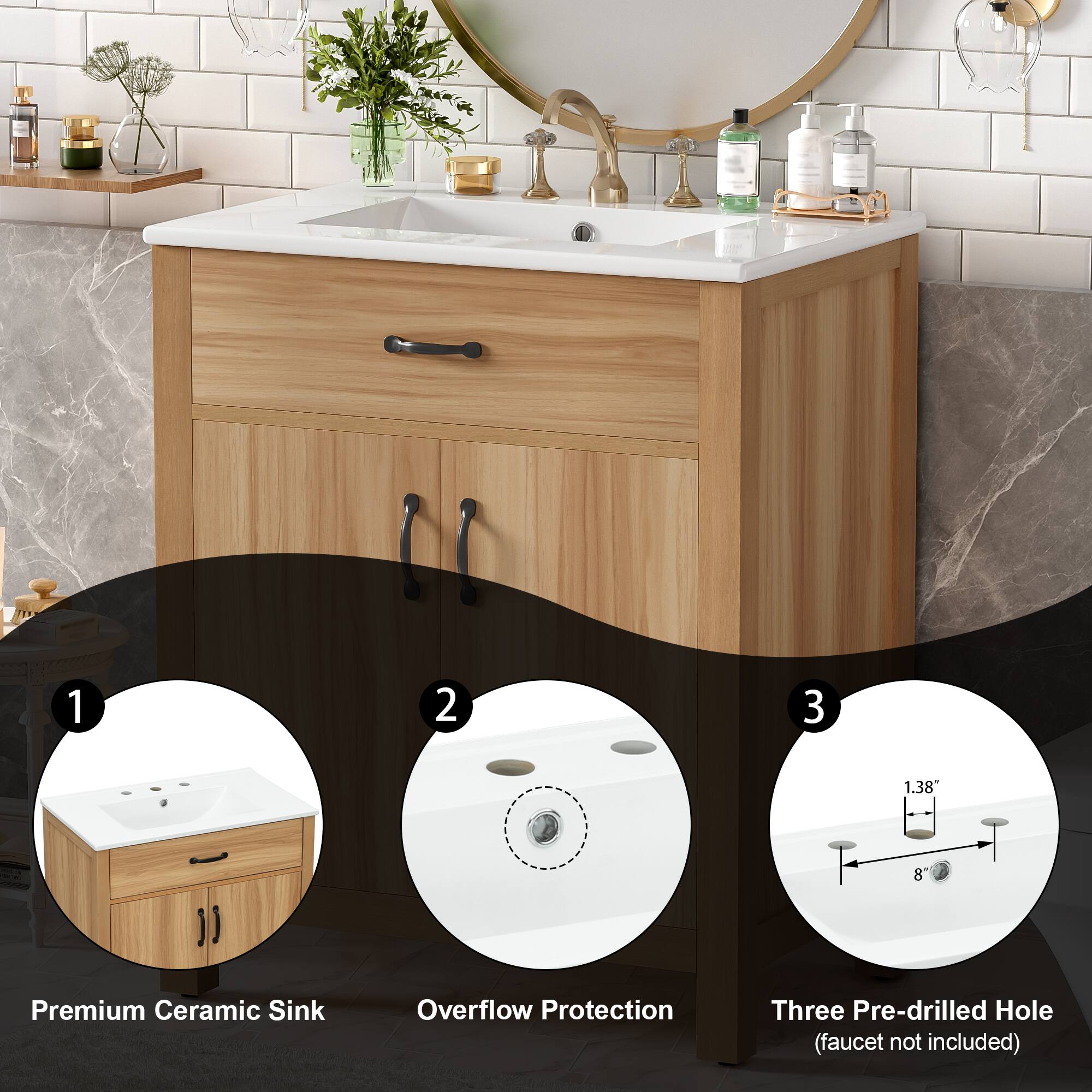 1. Premium Ceramic Sink
2. Overflow Protection
3. Three Pre-drilled Hole (faucet not included)