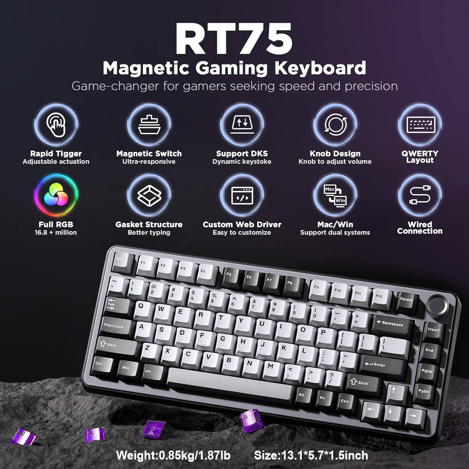 Wikistore RT75 Rapid Trigger Wired Keyboard,Hall Effect Magnetic